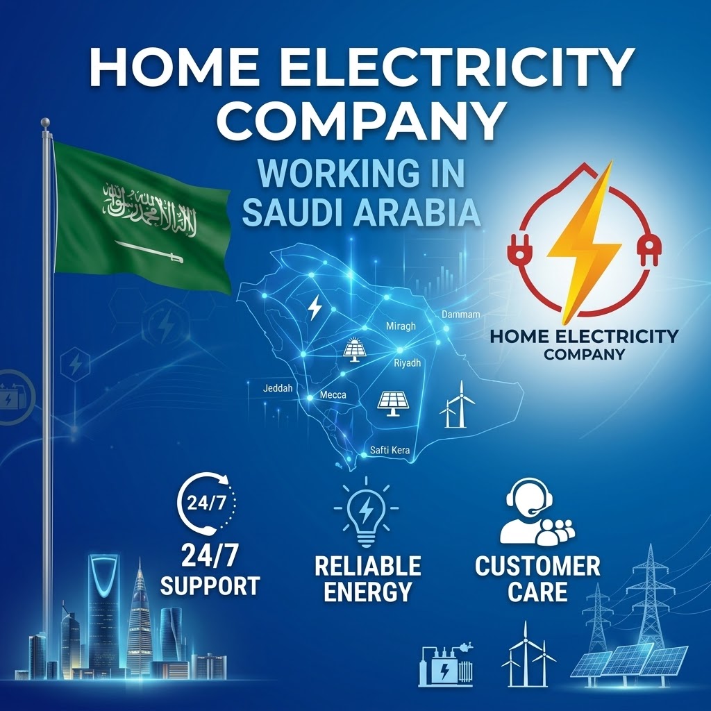 Home Electricity Company banner showcasing electrical, plumbing, construction, and AC services in Saudi Arabia with 24/7 support